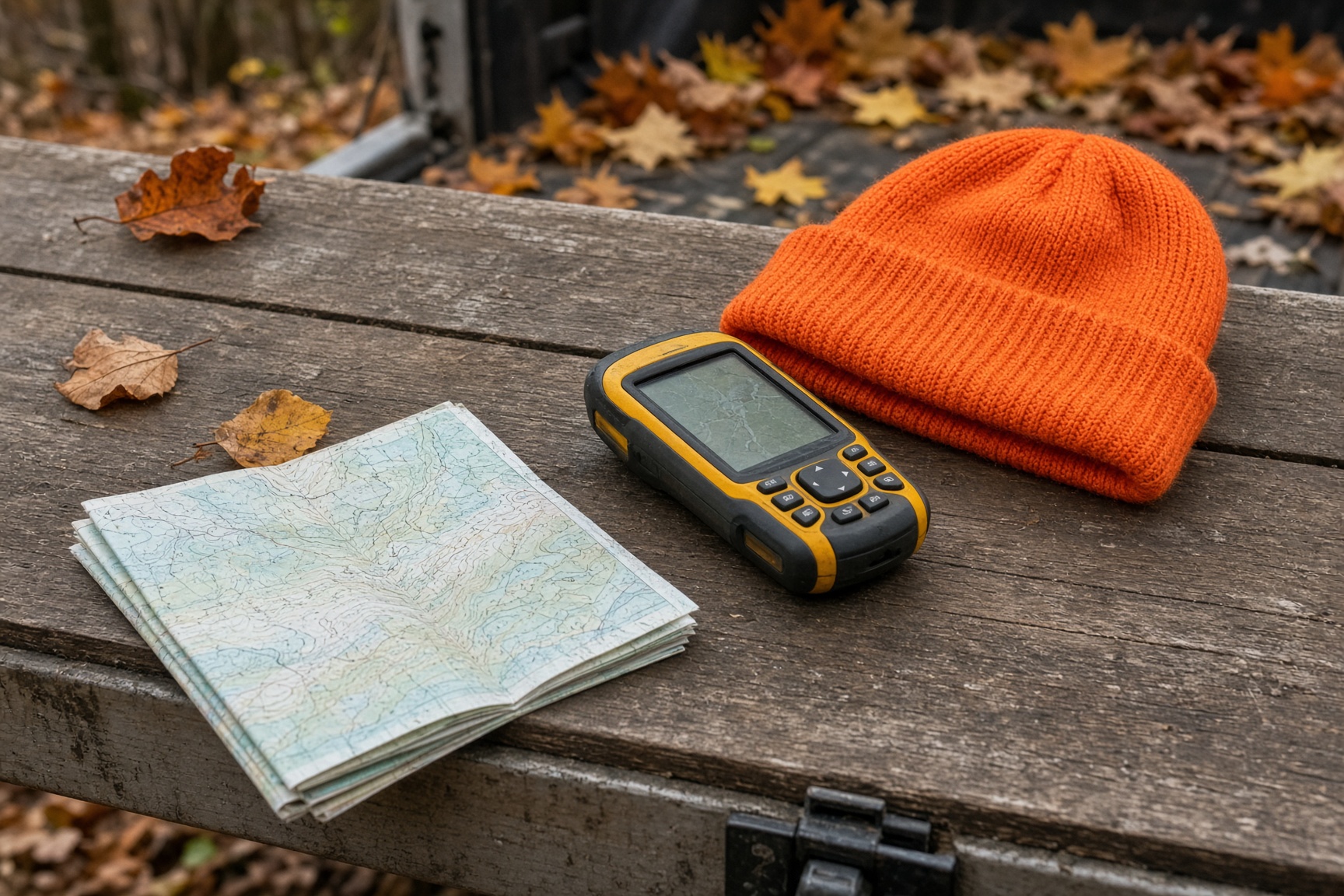 Map, GPS, and a blaze-orange cap on a wooden board