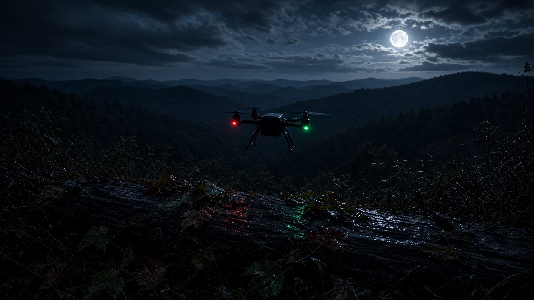 Drone hovering over dark timber at night