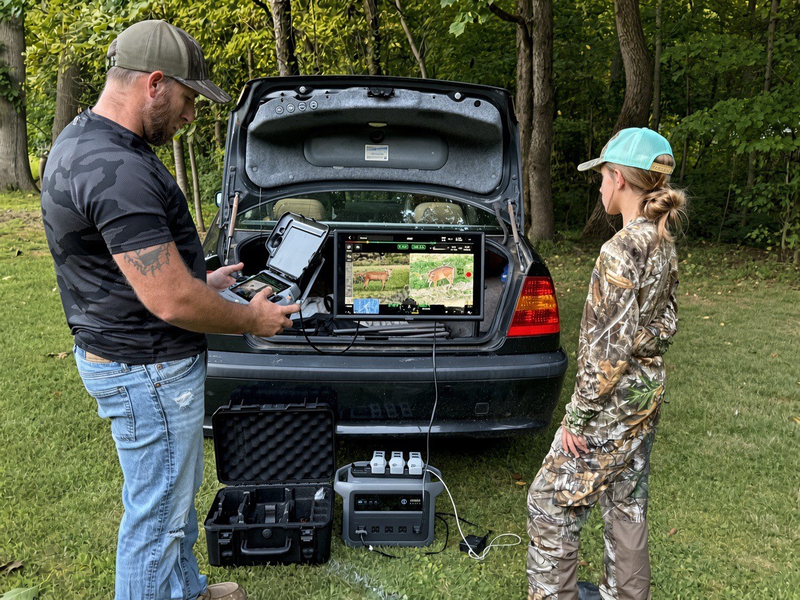 Zac running thermal drone gear from the open hatch, with live deer on the trunk monitor